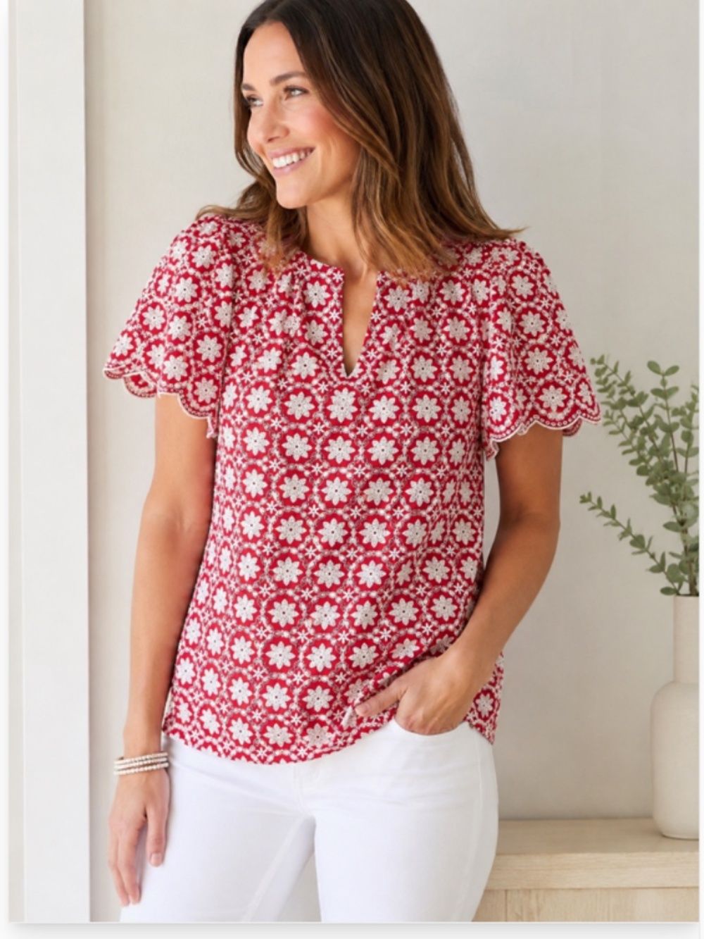 LOFT Floral Eyelet Embroidered Top – Size Medium – Red & White – EUC